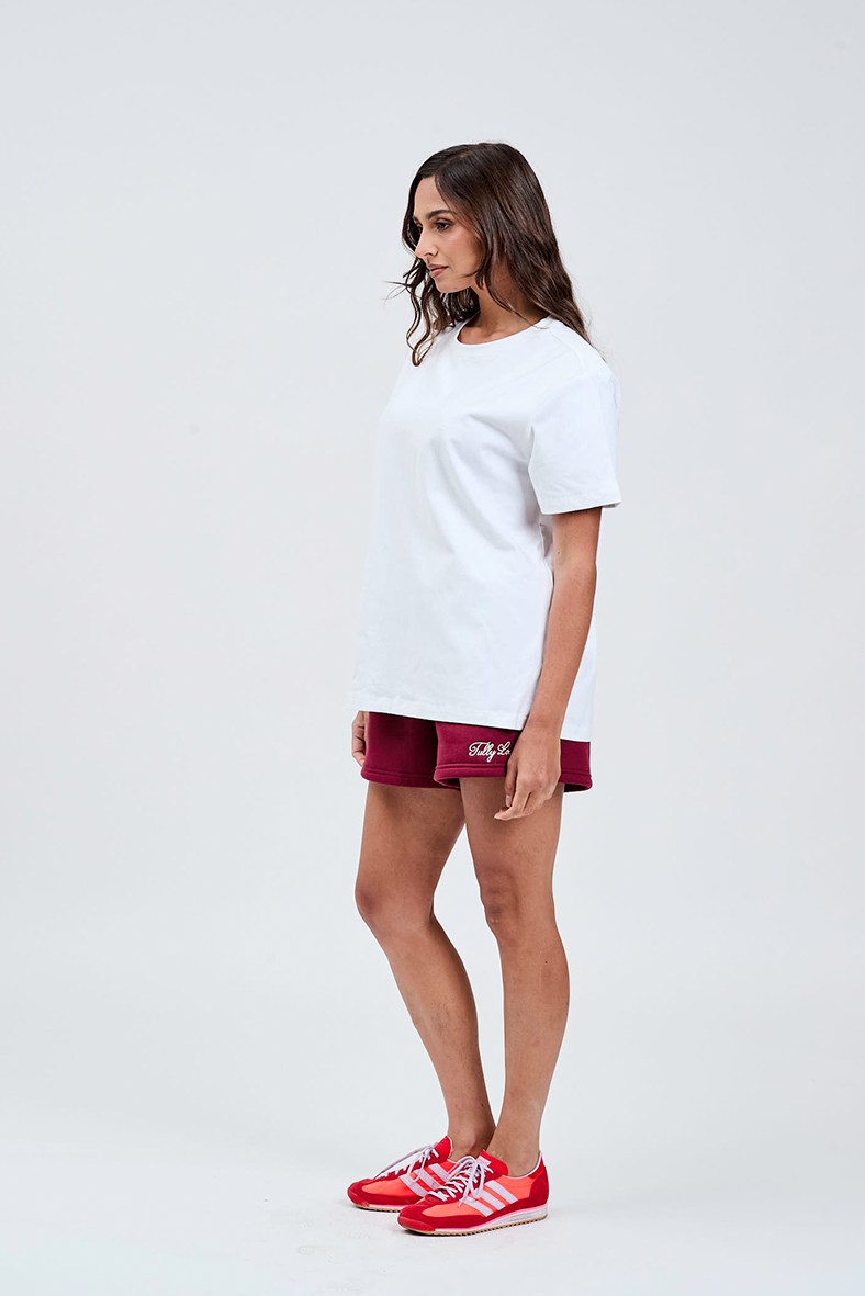 left hand side white cotton tee with burgundy shorts