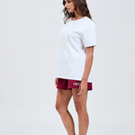 left hand side white cotton tee with burgundy shorts