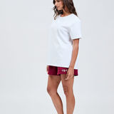 left hand side white cotton tee with burgundy shorts