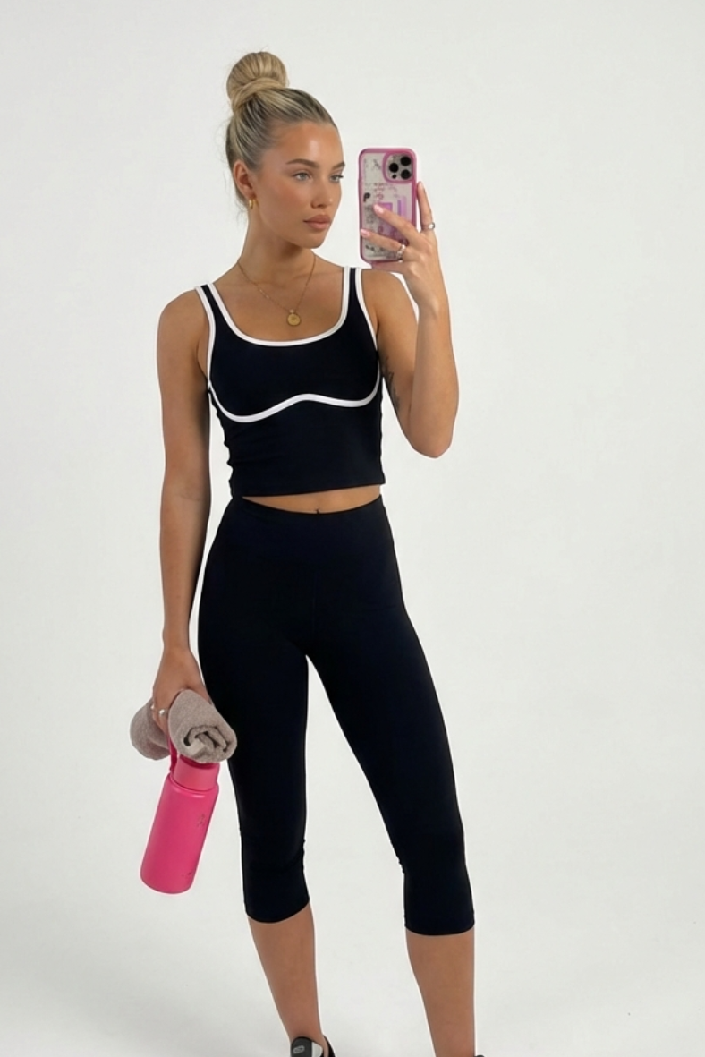 Pasadena sculpted black crop top with contrast white piping by Tully Lou