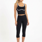 Pasadena sculpted black crop top with contrast white piping with capri leggings and nike shoes
